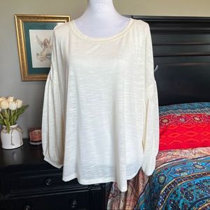 Umgee Cream Boho Oversized‎ Blouse Round Neck Gold Topstitch Balloon Long Sleeve